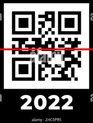 Echter QR-Code 2022 Zahlen mit roter Scanlinie. Frohes neues Jahr mit covid Impfung Barcode Konzept Design-Vorlage. Vektor eps Illustration für Banner, Poster, Grußkarte, Einladung Stock Vektor