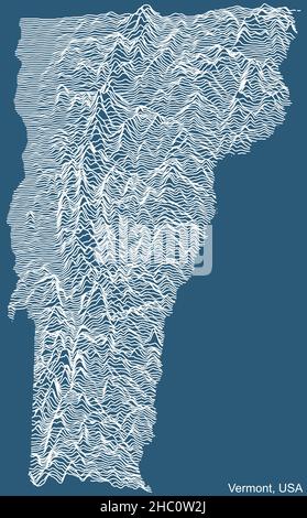 Topographische technische Zeichnung Reliefkarte des Bundesstaates Vermont, USA mit weißen Konturlinien auf blauem Hintergrund Stock Vektor