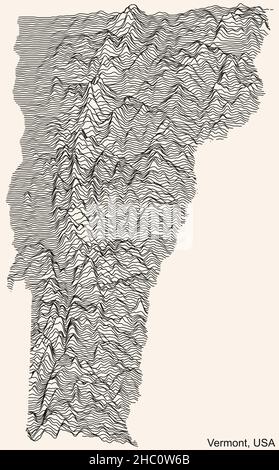 Topographische Reliefkarte des Bundesstaates Vermont, USA mit schwarzen Konturlinien auf beigem Hintergrund Stock Vektor