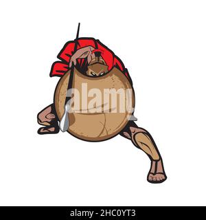 Spartanischer Krieger in Verteidigungsposition aus der Thermopylae-Geschichte. Kann für T-Shirt-Druck, Logo oder andere Zwecke verwendet werden. Stock Vektor