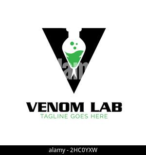 Buchstabe V Venom Lab-Logo, Lab-Glas kombiniert mit Schlangenkopf-Konzept. Stock Vektor