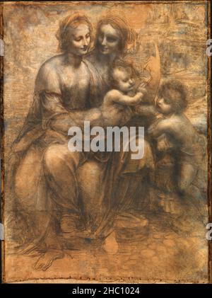 Die Zeichnung die Jungfrau und das Kind mit der heiligen Anna und dem heiligen Johannes dem Täufer, von Leonardo Da Vinci Stockfoto