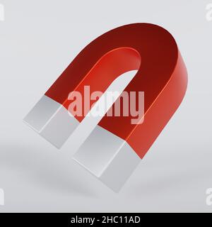 Roter Hufeisenmagnet auf weißem Hintergrund. Isoliert. 3D Rendering-Illustration. Stockfoto