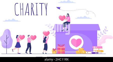 Love Charity oder Spenden über das Volunteer Team arbeiteten zusammen, um Spenden für Poster oder Banner in Flat Design Illustration zu sammeln Stock Vektor