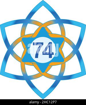 Israel 74 Unabhängigkeitstag Jubiläumsfeier, Yom Ha'atzmaut, mit Davidstern und Zahlen gefüllt mit bunten Farbverlauf. Stock Vektor