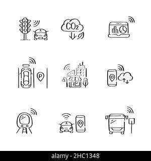 Smart City-Symbole eingestellt. CCTV, Drohnenlieferung, intelligentes Parken und Verkehrsmanagement, nachhaltige Energiequellen. Doodle-Stil Stock Vektor