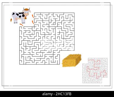 Kinder-Logik-Spiel gehen durch das Labyrinth. Führe die Kühe durch das Labyrinth zum Heu. Vektor Stock Vektor