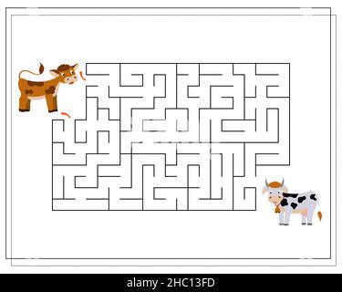 Kinder-Logik-Spiel gehen durch das Labyrinth. Führe die Kühe durch das Labyrinth. Vektor Stock Vektor