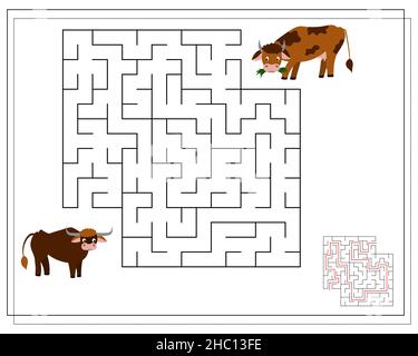 Kinder-Logik-Spiel gehen durch das Labyrinth. Führe die Kühe durch das Labyrinth. Vektor Stock Vektor