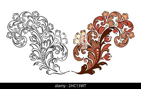 Illustration Rasterelement paisley auf in Farbe und schwarz-weiß-Version zum Ausmalen von Seiten auf weißem isolierten Hintergrund. Hochwertige Illustration Stockfoto