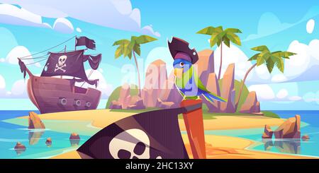 Piratenschiff, das auf der geheimen Insel mit lustigen Papageien in corsair-Kleidung festgemacht ist, sitzt auf der schwarzen Jolly roger-Flagge in der Ozeanlandschaft. Filibuster Abenteuer Buch oder Spielszene, Cartoon Vektor Illustration Stock Vektor