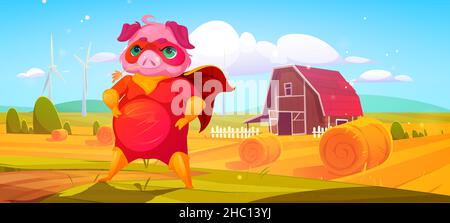 Schwein-Superheld in rotem Kostüm mit Umhang und Maske auf dem Feld des Bauernhofs. Vektor-Cartoon-Illustration der ländlichen Landschaft mit Heuballen, Scheune, Windturbinen und niedlichen Schweinchen-Charakter in Super-Helden-Anzug Stock Vektor