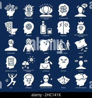 Kollektion mit Symbolen für psychische Störungen im flachen Stil. Symbole für psychologische Probleme gesetzt. Vektorgrafik. Stock Vektor