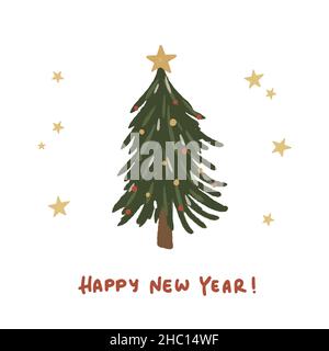 Handgezeichnete Grußkarte zum guten neuen Jahr mit Weihnachtsbaum Stock Vektor