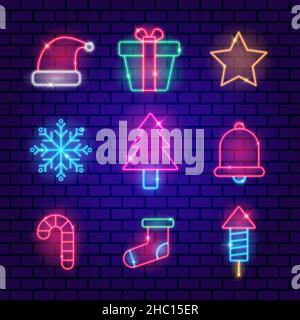 Weihnachten Neon Symbole setzen Happy christmas Kollektion Lichtzeichen Neon leuchtende Symbole für das neue Jahr Stock Vektor