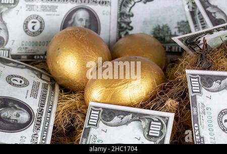 Goldenes Ei und Dollar, Geldkonzept Stockfoto