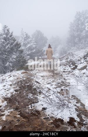 Junge Frau in Wurmkleidung Trekking im Wald im Winter. Schneesturm Winterzeit Stockfoto