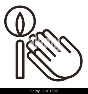 Betende Hände und Kerzensymbol. Gebetsbild isoliert auf weißem Hintergrund Stockfoto