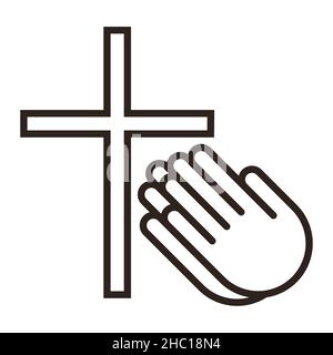 Betende Hände und Kreuz. Gebetsbild isoliert auf weißem Hintergrund Stockfoto