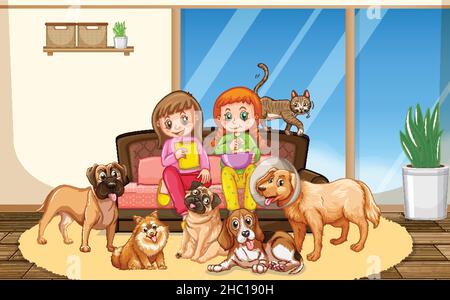 Zwei Mädchen mit vielen Hunden im Wohnzimmer Illustration Stock Vektor