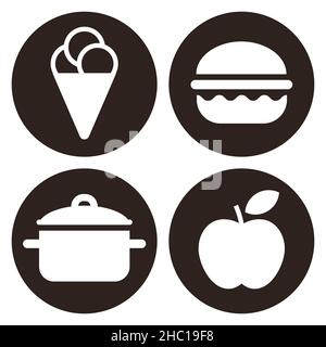 Eiscreme-Symbol, Hamburger-Symbol, Küchentopf-Symbol und Apple-Symbol auf weißem Hintergrund isoliert. Essenssymbole werden isoliert auf weißem Hintergrund gesetzt Stockfoto
