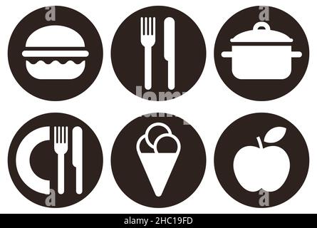 Hamburger Icon, Besteck Icon, Kitchen Pot Icon, Restaurant Icon, Ice Cream Icon und Apple Icon auf weißem Hintergrund isoliert. Essenssymbole sind isoliert eingestellt Stockfoto