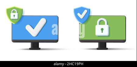 Desktop-Symbol mit Cyber-Schutz-Symbole des Schildes mit Vorhängeschloss, abbildung 3D Stock Vektor