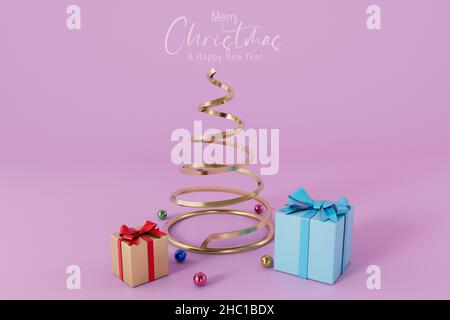 Frohe Weihnachten und glückliches Neues Jahr Text mit Weihnachtsbaum und Geschenke kopieren Raum 3D Rendering Stockfoto