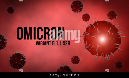 Omicron-Variante SARS-CoV-2 Coronavirus Covid-19. 3D Rendering Protein Makro-Modell auf rotem Hintergrund. . Hochwertige Illustration Stockfoto