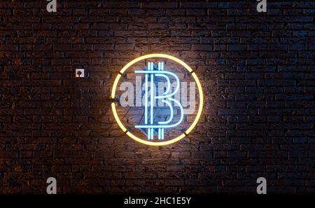 Neonlampe mit Bitcoin-Symbol auf einer dunklen Ziegelwand. 3D Rendern Stockfoto