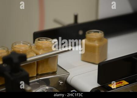 Gläser mit Rahmhonig in einer Verpackungslinie in einer kommerziellen Honigfabrik Stockfoto