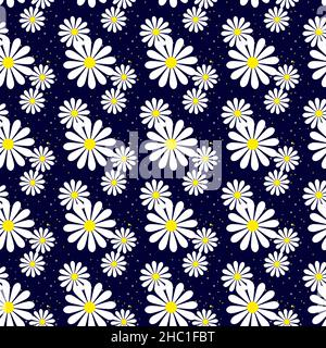 Nahtlose Daisy-Muster auf dunkelblauem Hintergrund. Floraler Ditsy-Druck mit kleinen weißen Blüten. Kamille-Design ideal für Mode-Stoff, Trend-Textil Stock Vektor