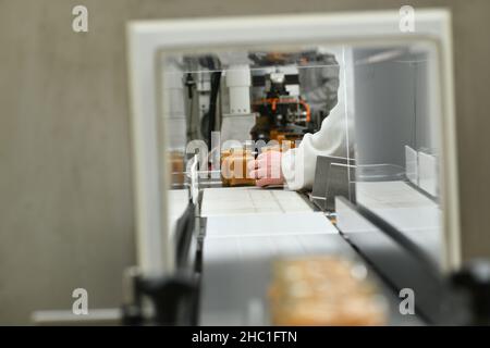 Gläser mit Rahmhonig in einer Verpackungslinie in einer kommerziellen Honigfabrik Stockfoto