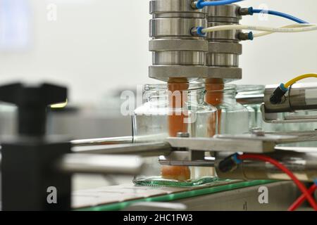 Gläser mit Rahmhonig in einer Verpackungslinie in einer kommerziellen Honigfabrik Stockfoto