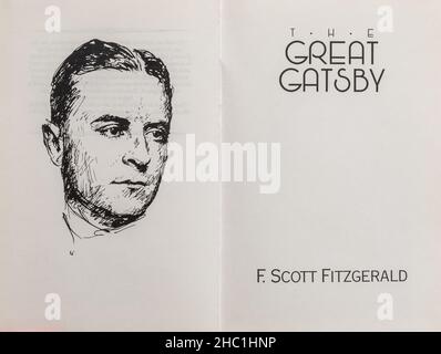 Das große Gatsby-Buch - klassischer Roman von F. Scott Fitzgerald. Titelseite und Zeichnung des Autors. Stockfoto