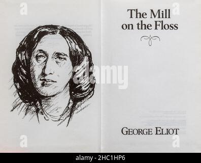 The Mill on the Floss Buch - klassischer Roman von George Eliot. Titelseite und Zeichnung des Autors. Stockfoto