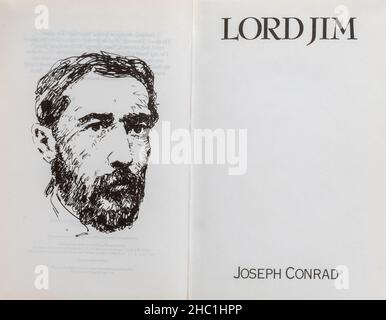 Lord Jim Buch - klassischer Roman von Joseph Conrad. Titelseite und Zeichnung des Autors. Stockfoto