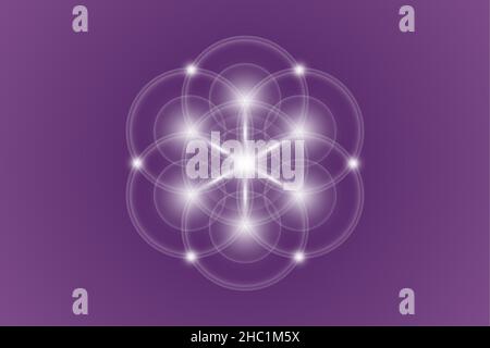 Samen des Lebens, Heilige Geometrie, Blume des Lebens, Licht-Logo-Symbol für Harmonie und Balance, leuchtende geometrische Ornamente, Vektor isoliert auf violettem Hintergrund Stock Vektor