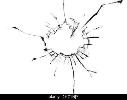 Zerbrochenes Glas auf weißem Hintergrund. Knackende Textur des Brucheffekts Stockfoto