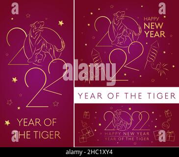 Set für ein glückliches chinesisches Neujahr 2021 Jahr des Tigers aus Papierbändern. Asiatische Tiger-Elemente im handwerklichen Stil auf dem Hintergrund. Stock Vektor