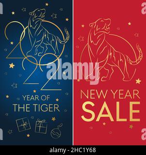 CNY 2022 Grußkarten glückliches chinesisches Neujahr, goldene Tiger Katze, Lunar Festival Vektor Dekoration, Urlaub Verkauf Stock Vektor