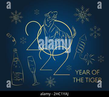 CNY 2022 Happy Chinese New Year Golden Tiger Cat Lunar Festival Vektor Dekorationen China Holiday Maskottchen Stock Vektor