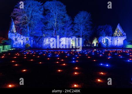 Winchcombe, Großbritannien. 22. Dezember 2021. Die Gebäude und das Gelände von Schloss Sudeley leuchten während des diesjährigen Spektakels „Spectacle of Light“ mit Farbe. Das mittlerweile sechste Jahr nach Einbruch der Dunkelheit umfasst einen beleuchteten Pfad rund um das Gelände und den Wald von Sudeley, glitzernde Wasserspielen und einen einzigartigen „Teppich aus Farbe“. Quelle: Carl Hewlett/Alamy Live News Stockfoto