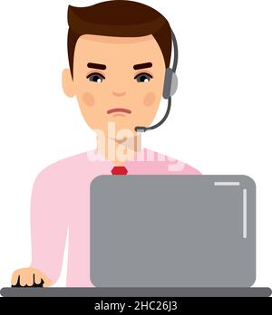 Man Helpline Operator mit Headset an seinem Schreibtisch mit Laptop-Computer. Stock Vektor