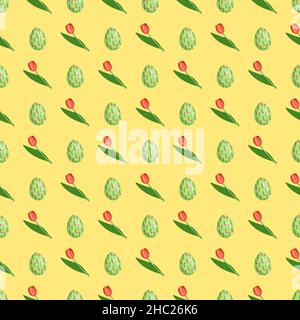 Nahtloses Muster mit Eiern und Blumen für einen glücklichen Ostertag. Christlicher Feiertagsdruck mit Tulpen auf gelbem Hintergrund. Vektorgrafik flach Stock Vektor