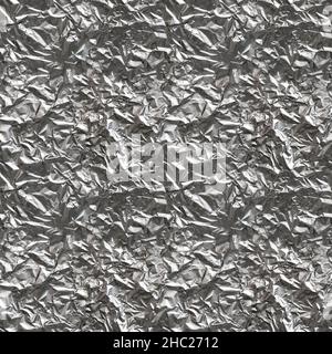 Nahtlose Textur aus zerknittertem Aluminiumfolienblech. Vier Fragmente in einem. Draufsicht. Stockfoto