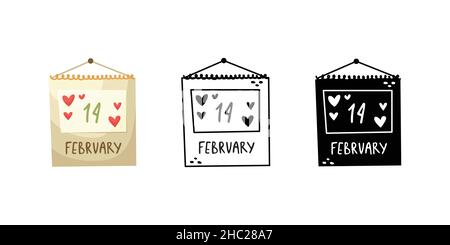 Vektordarstellung des Kalenders auf der Februar 14 Seite. Valentinstag. Umreißen, flach und schlicht. Stock Vektor