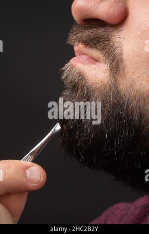 Profil eines bärtigen Mannes, der mit einer Pinzette graues Haar aus dem grauen Bart zieht, unangenehme Emotionen im Friseurladen Stockfoto