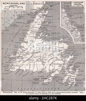 Vintage-Karte von Neufundland und Labrador Coast 1930s. Stockfoto