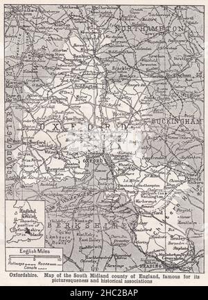 Vintage-Karte von Oxfordshire 1930s. Stockfoto
